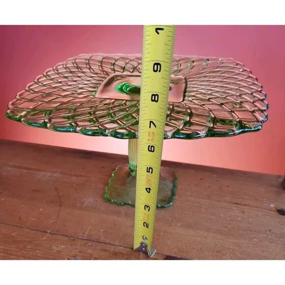 3 LE Smith & Rose Trellis Green Glass Square Pedestal Cake Stands Handmade USA - Picture 6 of 16